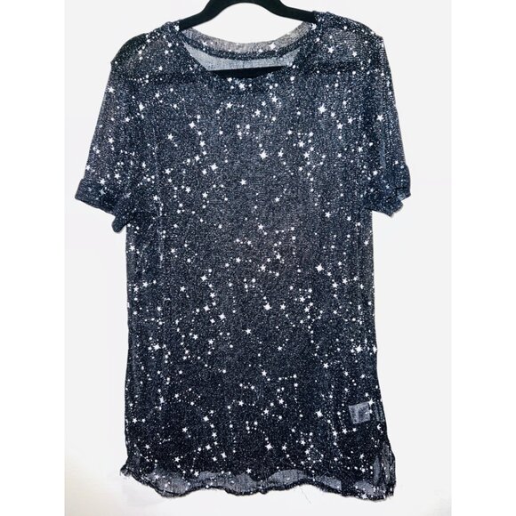 Black & Silver Starry Mesh Short Sleeve T-Shirt Medium - Picture 1 of 2